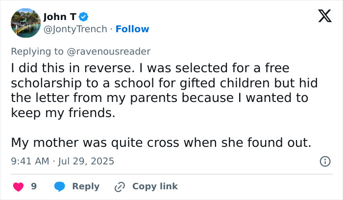 Screenshot of a tweet about a 17-year-old athlete unaware of Ivy League scholarships until parents reveal after seven years. - 25