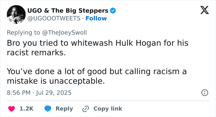 Social media reply criticizing Joey Swoll amid backlash over Hulk Hogan memorial video and groveling apology.