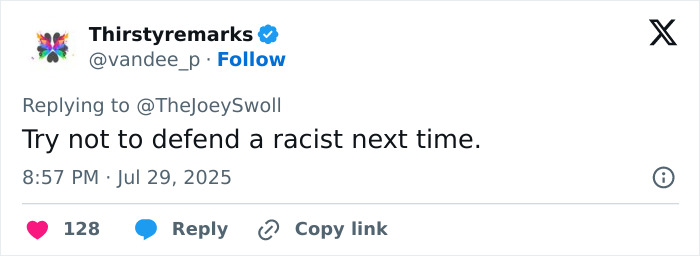 Tweet from user Thirstyremarks replying to Joey Swoll, criticizing defense of racism following backlash to Hulk Hogan memorial video.