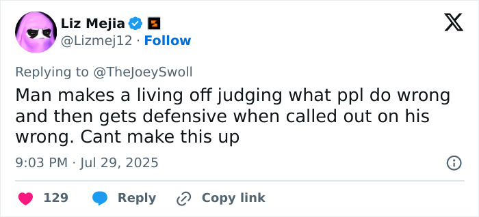 Tweet from Liz Mejia replying to Joey Swoll criticizing his defensive response amid Hulk Hogan memorial video controversy and woke backlash.