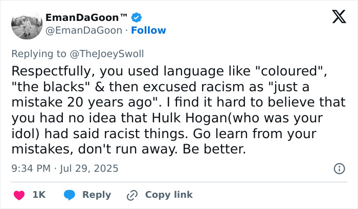 Tweet criticizing language use with references to Hulk Hogan, amid Joey Swoll groveling apology and woke backlash.