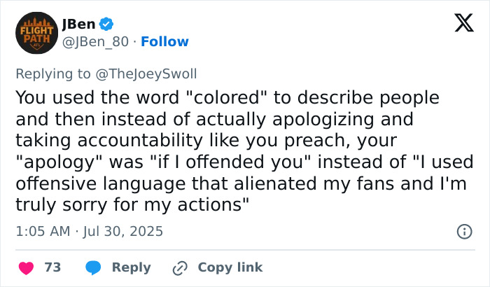 Tweet criticizing Joey Swoll's groveling apology over controversial language in Hulk Hogan memorial video backlash.