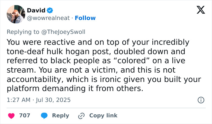 Screenshot of a Twitter reply criticizing Joey Swoll&rsquo;s tone-deaf Hulk Hogan post amid woke backlash controversy.