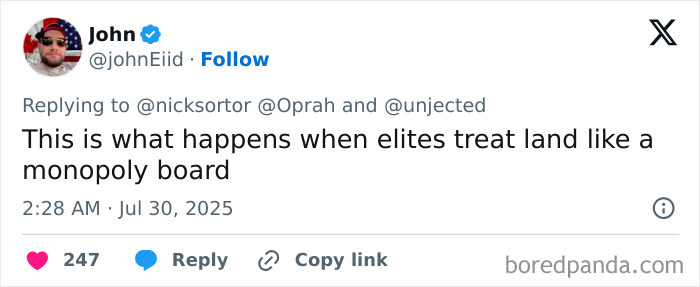 Screenshot of a social media post criticizing elites for controlling land during an oncoming tsunami emergency.