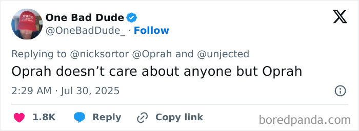 Screenshot of a social media post criticizing Oprah for refusing to open her private road during an oncoming tsunami emergency. - 12