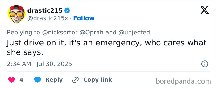 Tweet criticizing Oprah for refusing to open private road amid oncoming tsunami emergency, sparking backlash online.