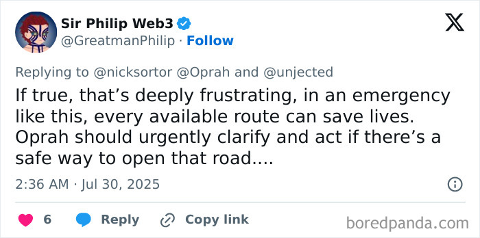 Tweet criticizing Oprah for refusing to open her private road during an oncoming tsunami emergency.