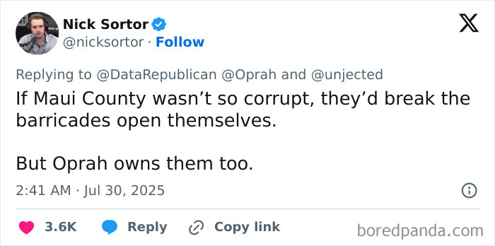 Tweet criticizing Oprah for refusing to open her private road during an oncoming tsunami emergency. - 10
