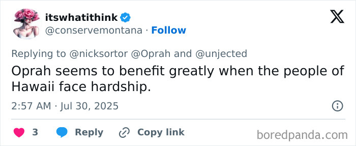 Screenshot of a tweet criticizing Oprah for refusing to open her private road during an oncoming tsunami in Hawaii.
