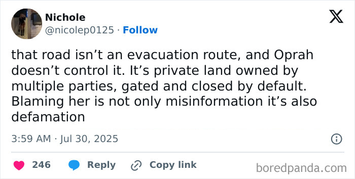 Tweet clarifying Oprah&rsquo;s private road ownership, denying control over evacuation route during tsunami warnings.