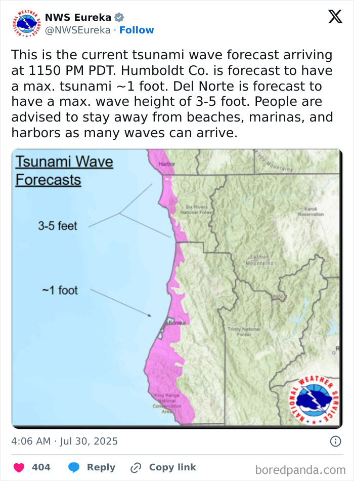 Tsunami wave forecast map showing expected wave heights of 1 to 5 feet along the California coast after mega earthquake warnings.