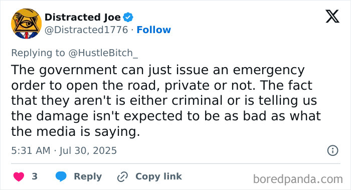Screenshot of a tweet discussing the refusal to open a private road amid an oncoming tsunami emergency.