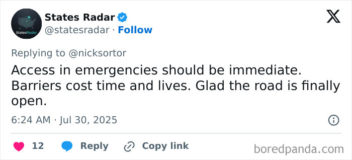 Screenshot of a tweet about emergency access and barriers, referencing Oprah and a private road during a tsunami threat.