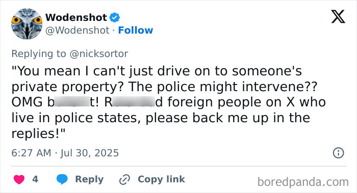 Screenshot of a social media reply criticizing Oprah for refusing to open her private road to escape an oncoming tsunami.