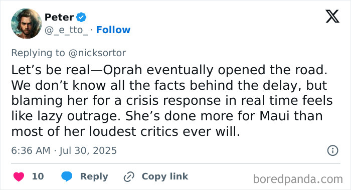 Tweet defending Oprah from criticism over refusing to open private road during Maui tsunami emergency response.