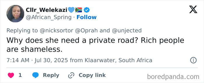 Tweet criticizing refusal to open private road amid oncoming tsunami, highlighting rich people&rsquo;s perceived shamelessness.