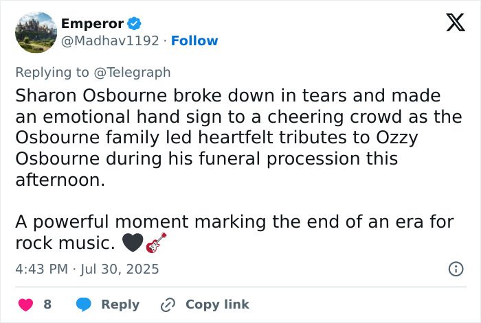 Sharon Osbourne tearful and emotional joining kids in heartbreaking farewell at Ozzy Osbourne's funeral procession. Sharon Osbourne tearful and emotional joining kids in heartbreaking farewell at Ozzy Osbourne's funeral procession.