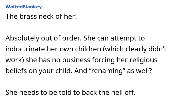 Screenshot of a comment criticizing MIL demanding a more Christian baby name, highlighting mom&rsquo;s discomfort with the religious pressure.