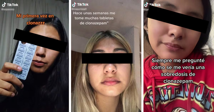 Three young women with black bars over their eyes, each referencing clonazepam in TikTok videos about risky challenges.