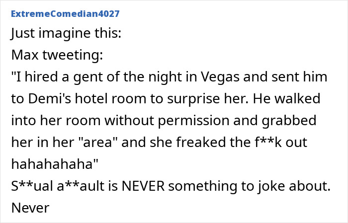 Screenshot of a social media post discussing Demi Lovato fans horrified by an x-rated act admitted in an old tweet. Screenshot of a social media post discussing Demi Lovato fans horrified by an x-rated act admitted in an old tweet.