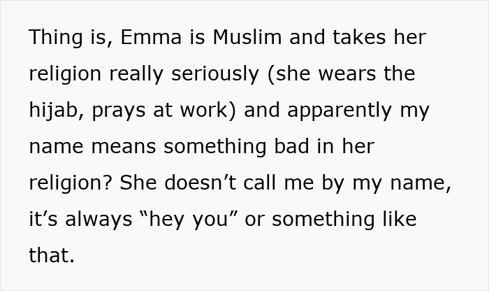 Text excerpt from a story about a Korean woman facing borderline racism at work over her name being offensive to a coworker. Text excerpt from a story about a Korean woman facing borderline racism at work over her name being offensive to a coworker.