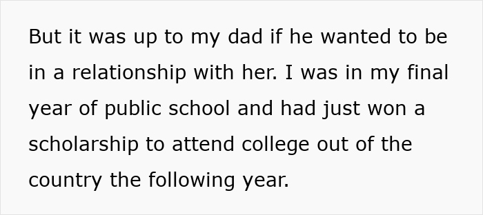 Text excerpt about a woman, her dad's relationship choice, and the son winning a college scholarship abroad. - 7