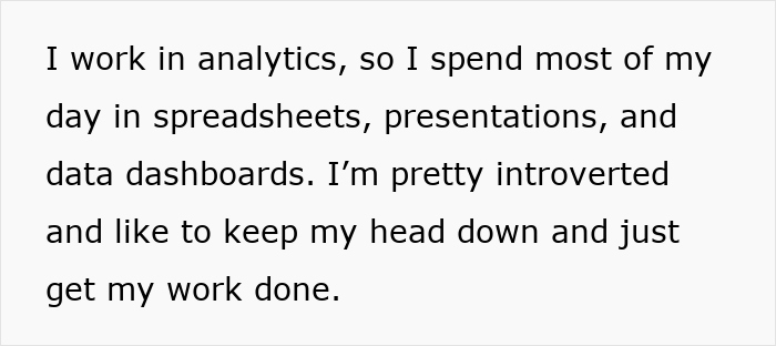 Text block with a woman describing her introverted work style focused on analytics and spreadsheets in an office setting. - 3