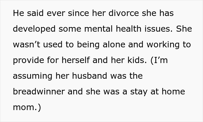Text excerpt discussing mental health issues after divorce and challenges faced by a pregnant lady catching neighbor lurking. - 29