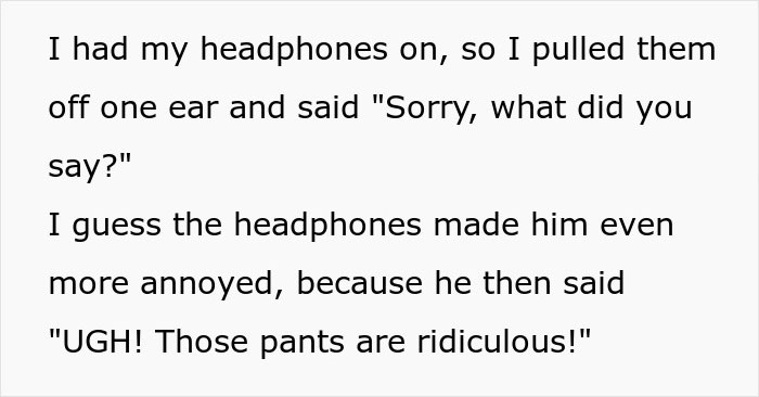 Text excerpt showing a boomer complaining about stranger’s pants and reacting to a response with annoyance. - 5