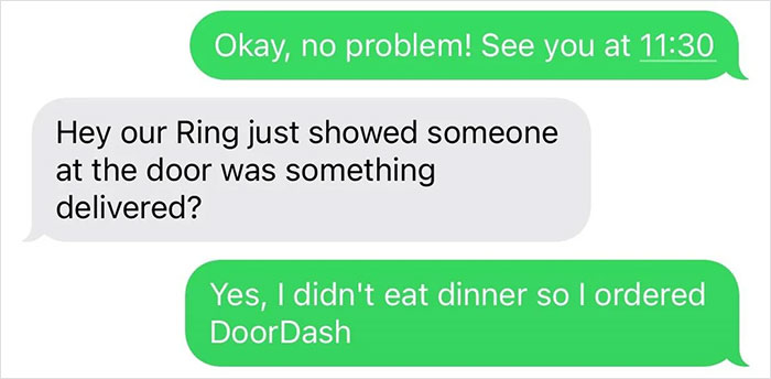 Text message conversation showing someone explaining they ordered DoorDash while babysitting, referencing delivery notification. Text message conversation showing someone explaining they ordered DoorDash while babysitting, referencing delivery notification.