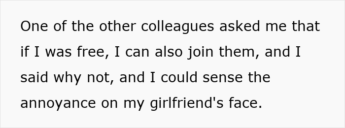 Text on a white background describing a man sensing annoyance on his girlfriend&rsquo;s face after being publicly demoted to friend.