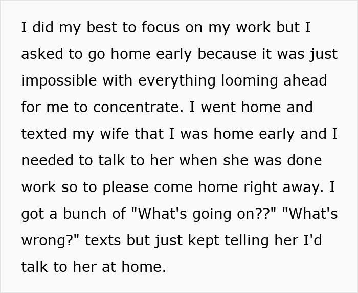 Text on a white background describing a husband struggling to focus on work while a jealous wife spies by texting and demanding attention.