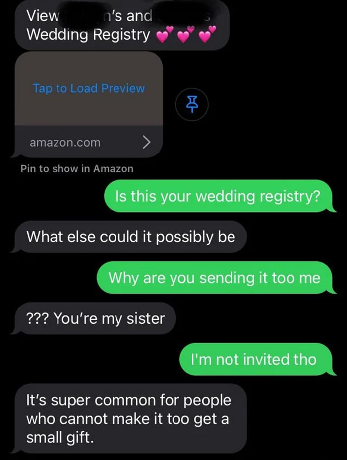 Text message exchange about wedding registry where a woman expects a gift despite not inviting her half-sister to the wedding. - 2