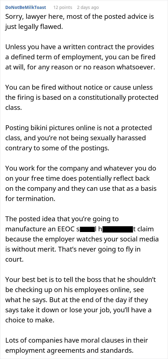 Comment discussing employer rights when a boss doesn’t want employee bikini pictures posted on social media. - 34