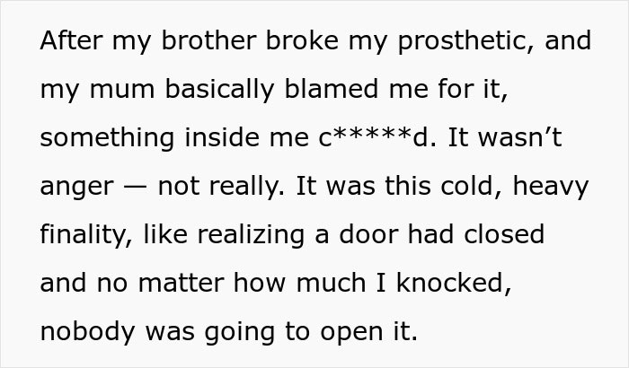 Girl survives cancer and accepts prosthetic leg while dealing with brother&rsquo;s unfair actions and family challenges.