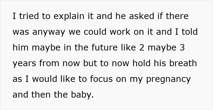 Text message about focusing on pregnancy, mentioning working on a relationship in a few years, and holding breath for now.