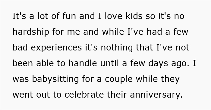 Text excerpt about babysitting experiences shared by a family with concerns about blacklisted local babysitters.