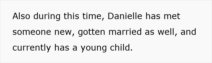 Text excerpt about Danielle&rsquo;s new life milestones accompanying hubby&rsquo;s emotional reunion with ex raising red flags for wife after confession of feelings.