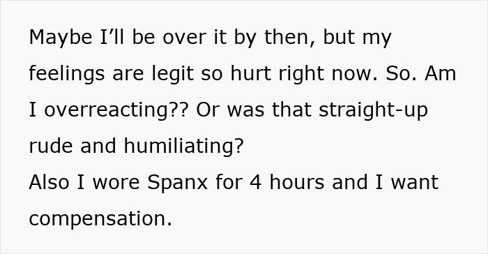Text expressing hurt feelings after being placed at a special Weight Watchers table for plus-size guests at a bride’s wedding. Text expressing hurt feelings after being placed at a special Weight Watchers table for plus-size guests at a bride’s wedding.