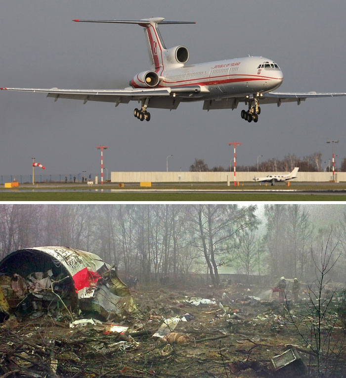 Top image shows a plane landing safely while bottom shows chilling plane crash wreckage after pilots realized danger.