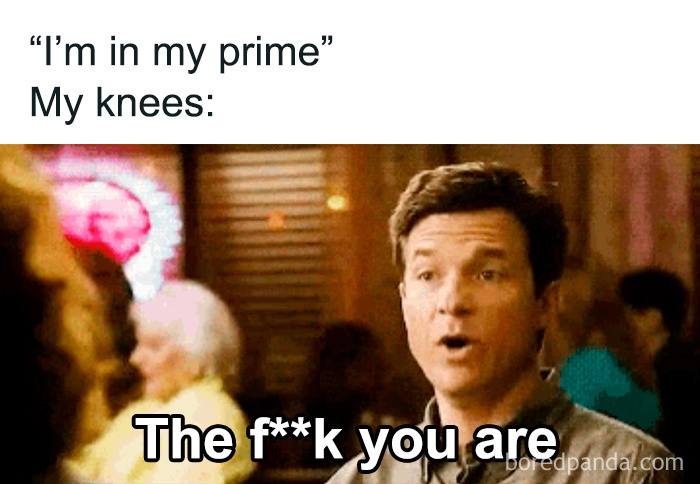 Man reacting with disbelief, illustrating humorous gym struggles and knee pain relatable to gym-goers and fitness enthusiasts.