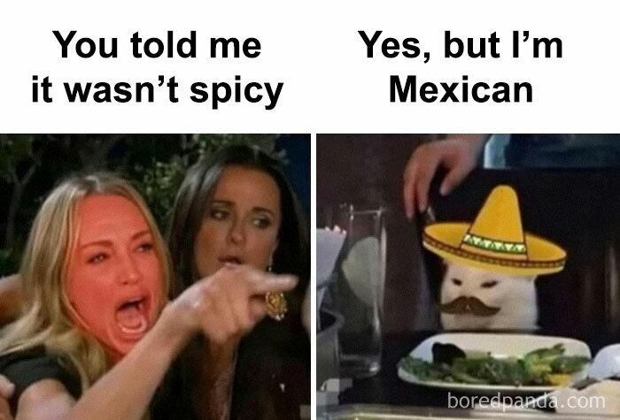 Funny Hispanic memes showing a woman yelling and a cat wearing a sombrero and mustache at a dinner table.