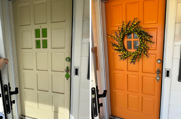 Before and after living space revamp showing a door transformed from beige to bright orange with a decorative wreath.