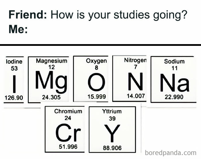 Funny science meme using periodic table elements to spell I M O N Na Cr Y, humorously explaining science better than textbooks.
