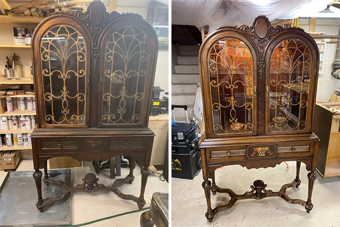 Before and after image of furniture flipping showcasing a restored antique cabinet by furniture flipping pros.