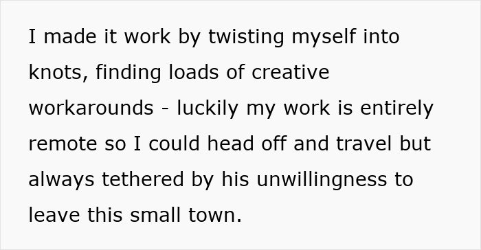 Woman gives up life to follow partner, realizing he will never leave his mother behind in their small town. - 3