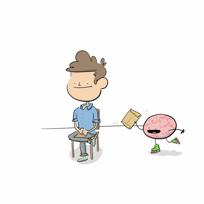 Cartoon of a person sitting with a smirk, illustrating a funny comic about arguing with their own brain.