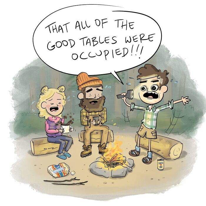 Three people sitting around a campfire in a funny comic about arguing with their own brain and daily thoughts.