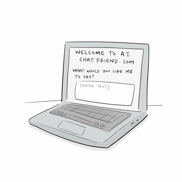 Minimalist black and white comic of a person interacting with a laptop, illustrating funny comics about arguing with the brain.