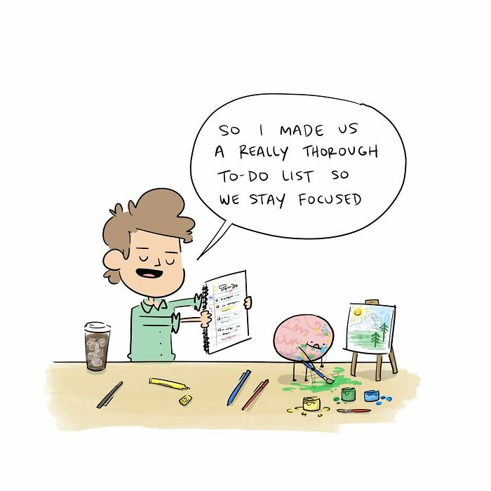 Person and brain arguing with each other about productivity in a funny comic from 40 funny comics series.